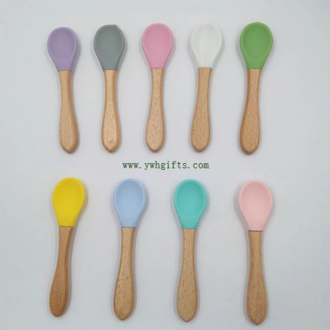 New Child Safety Silicone Baby Feeding Spoon Soup Spoon Wooden Spoon